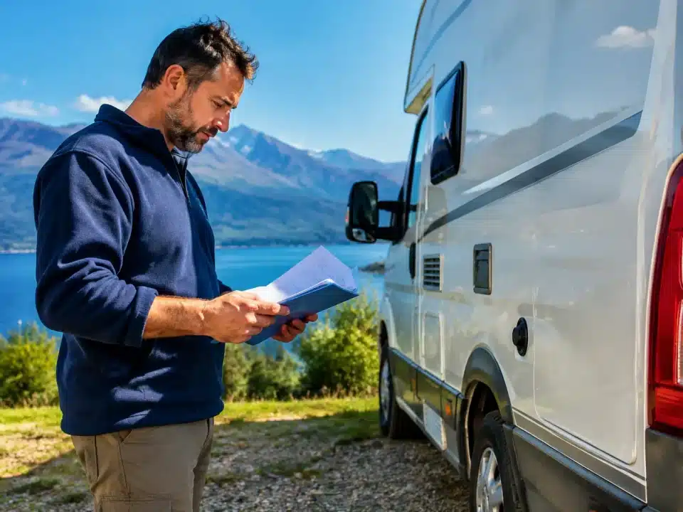 Homme tenant documents pres camping-car stationnaire inspectant details