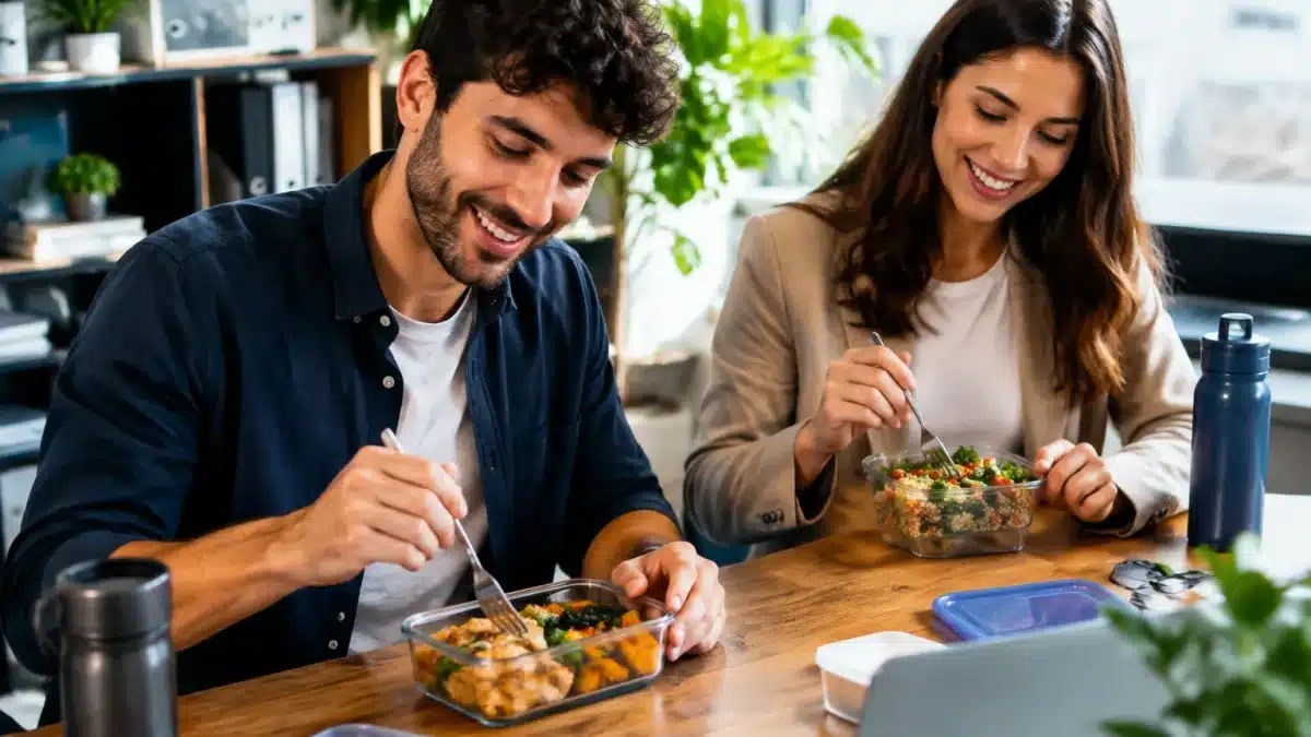 Deux personnes assises au bureau mangent leur repas apporté
