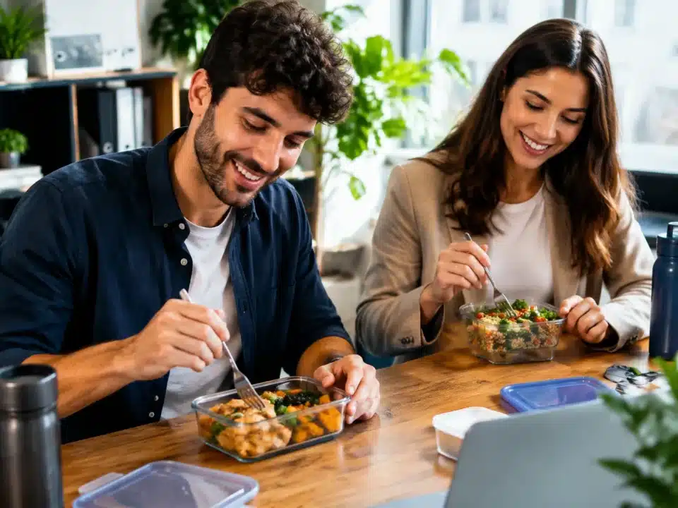 Deux personnes assises au bureau mangent leur repas apporté