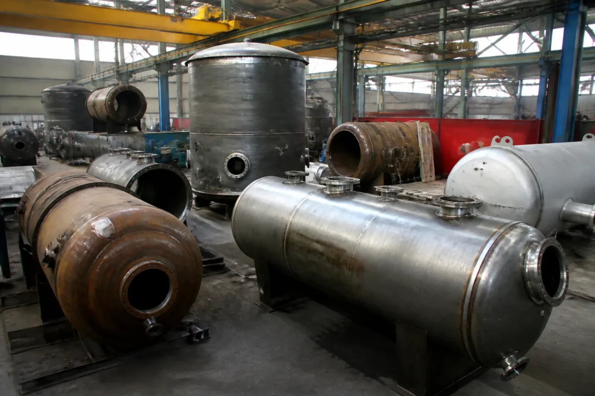 Differents reservoirs metalliques et structures industrielles en atelier maritime