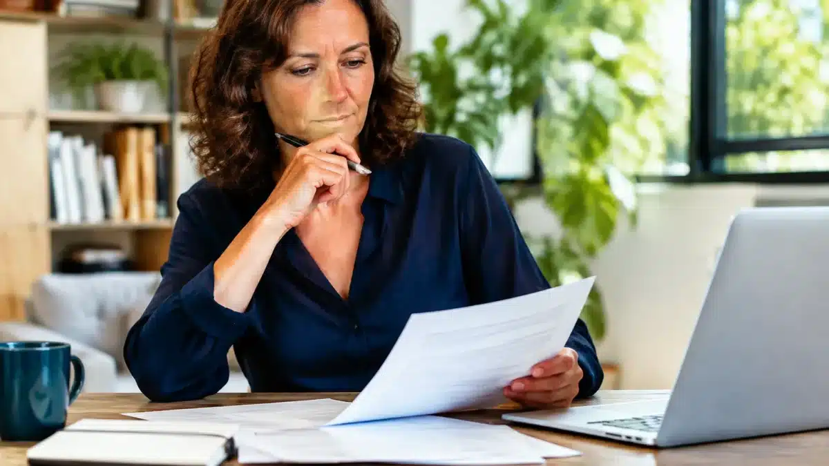 Femme assise à bureau consultant documents retraite anticipée