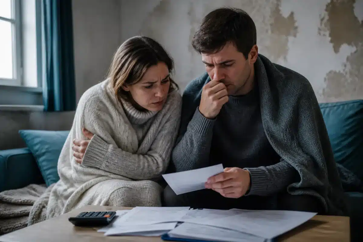 Couple economisant dans maison froide sans chauffage hivernal