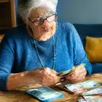 Personne agee assise comptant des billets d'euros sur table