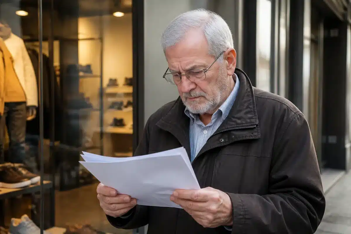 Retraité consultant ses relevés de pension gelée devant magasin
