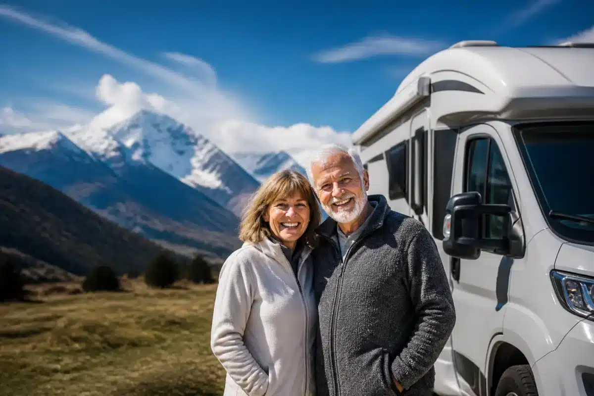 Couple de retraites souriant devant camping-car en montagne