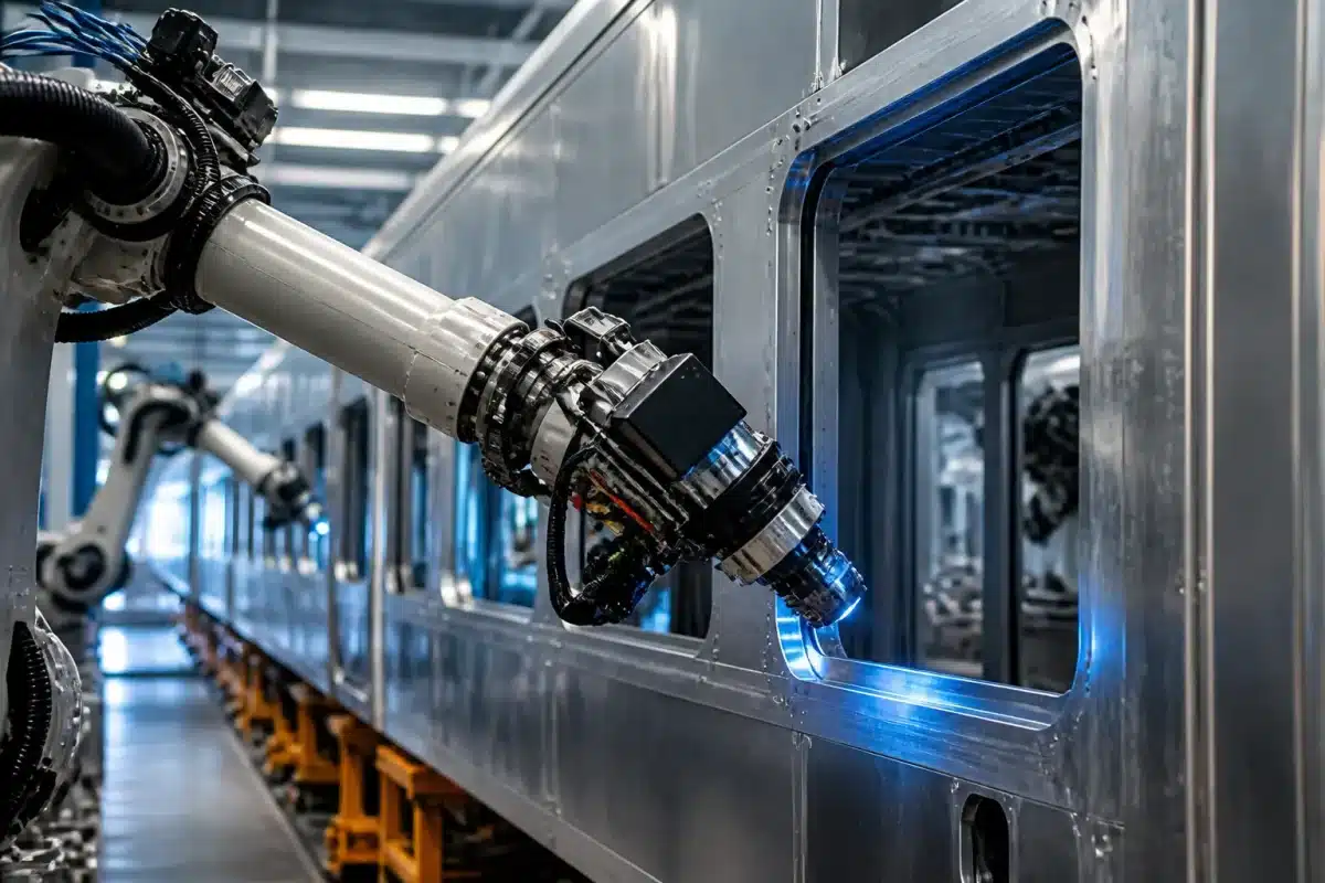 Robots inspectent soudures metalliques sur chaine fabrication ferroviaire