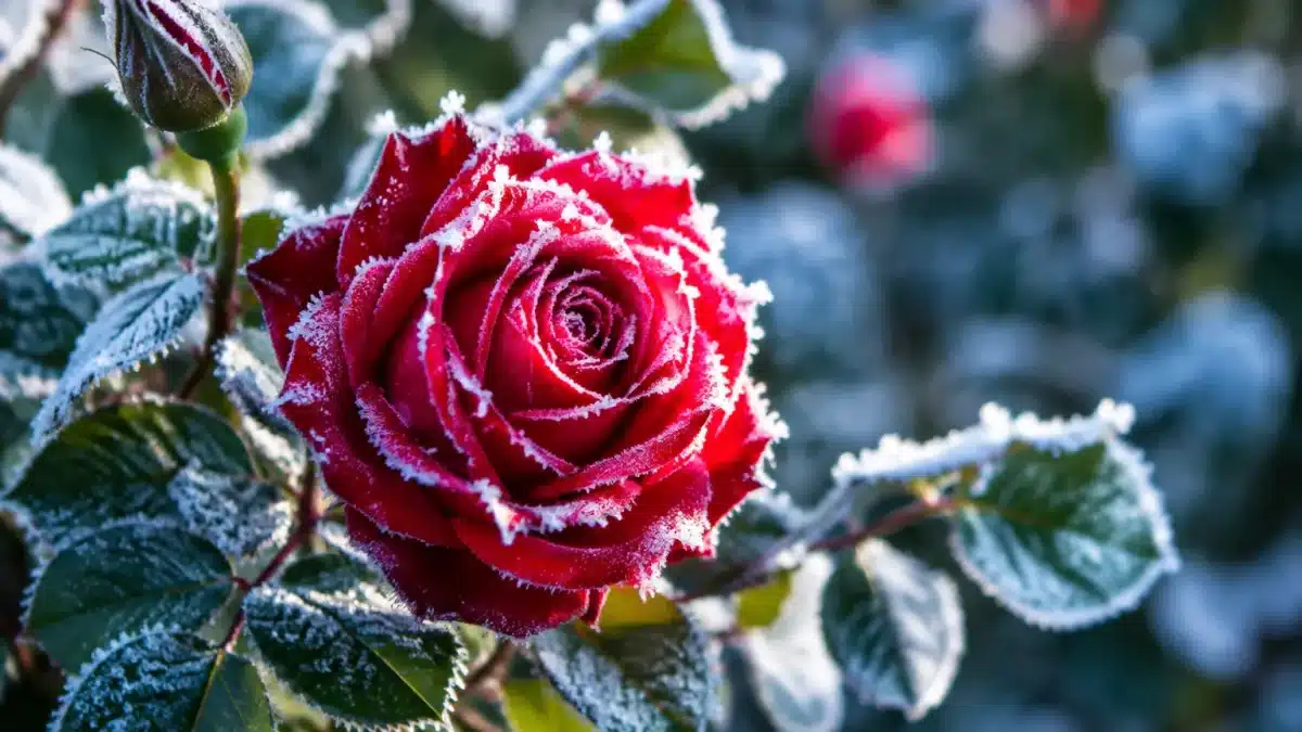 Rosier gelé couvert de givre blanc pendant l'hiver froid