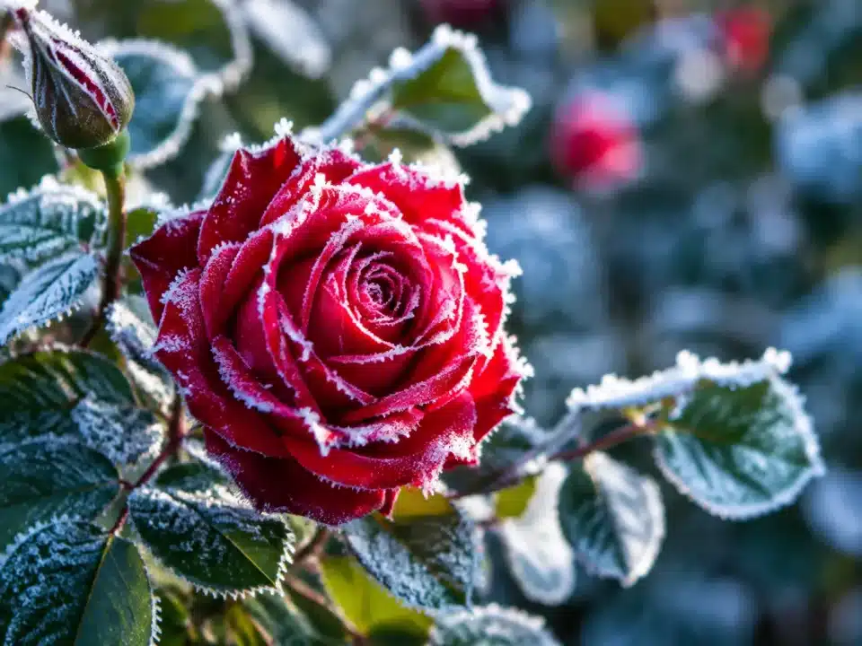 Rosier gelé couvert de givre blanc pendant l'hiver froid