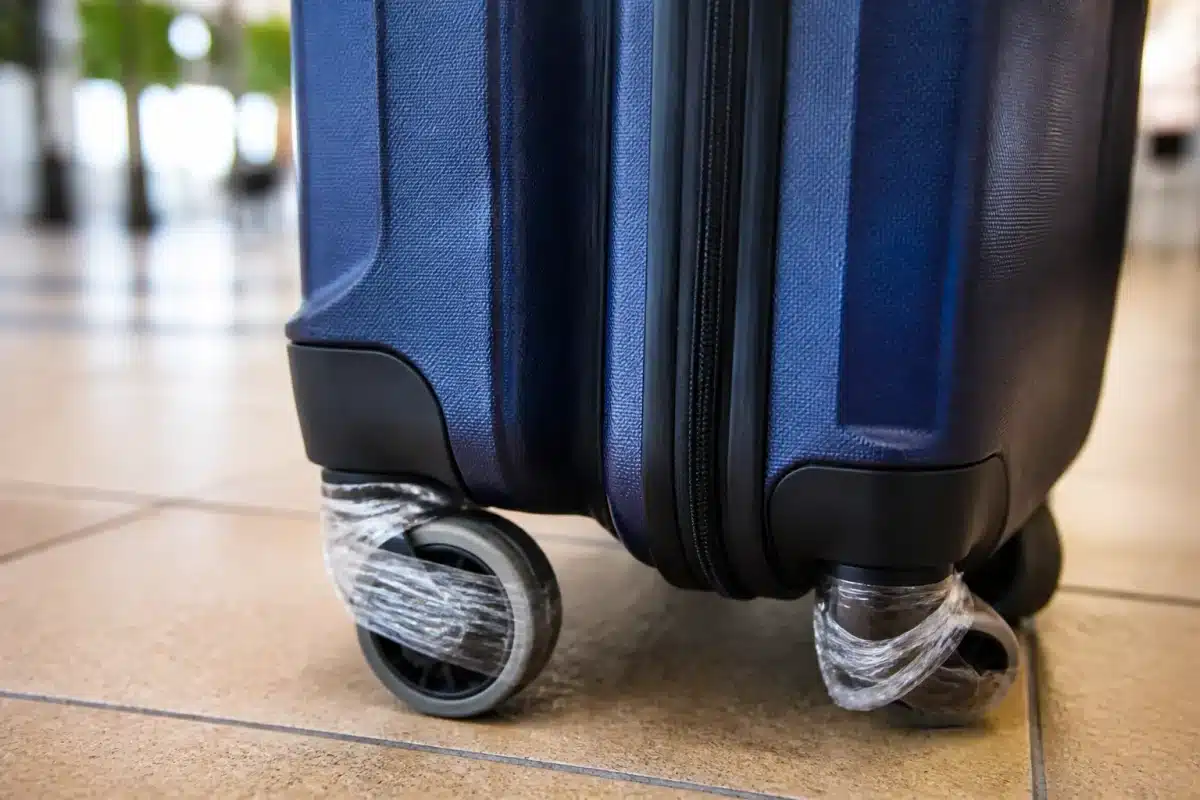 Ruban adhesif enroule autour des roues de valise