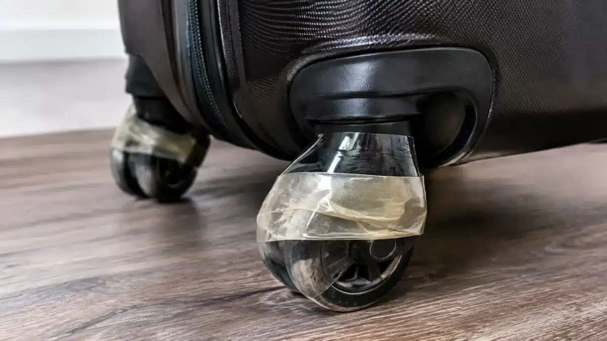 Ruban adhésif enroulé autour de roulettes de valise noire