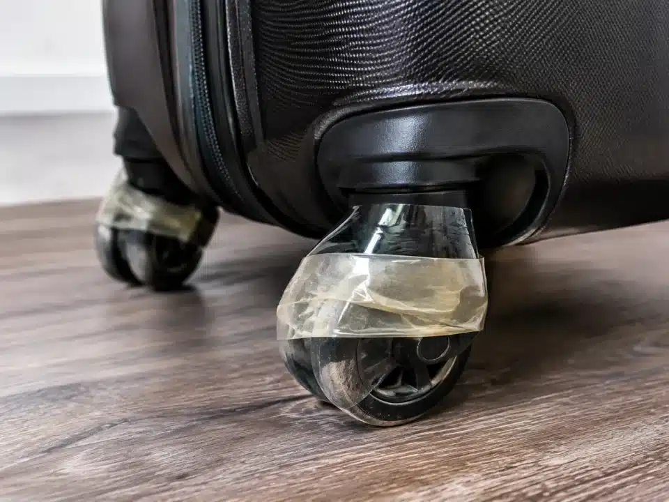 Ruban adhésif enroulé autour de roulettes de valise noire
