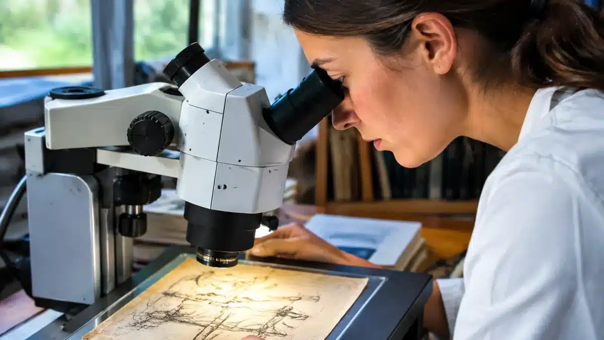 Chercheur examine attentivement ancien dessin au microscope sous lumière
