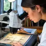 Chercheur examine attentivement ancien dessin au microscope sous lumière