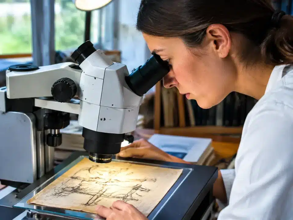 Chercheur examine attentivement ancien dessin au microscope sous lumière