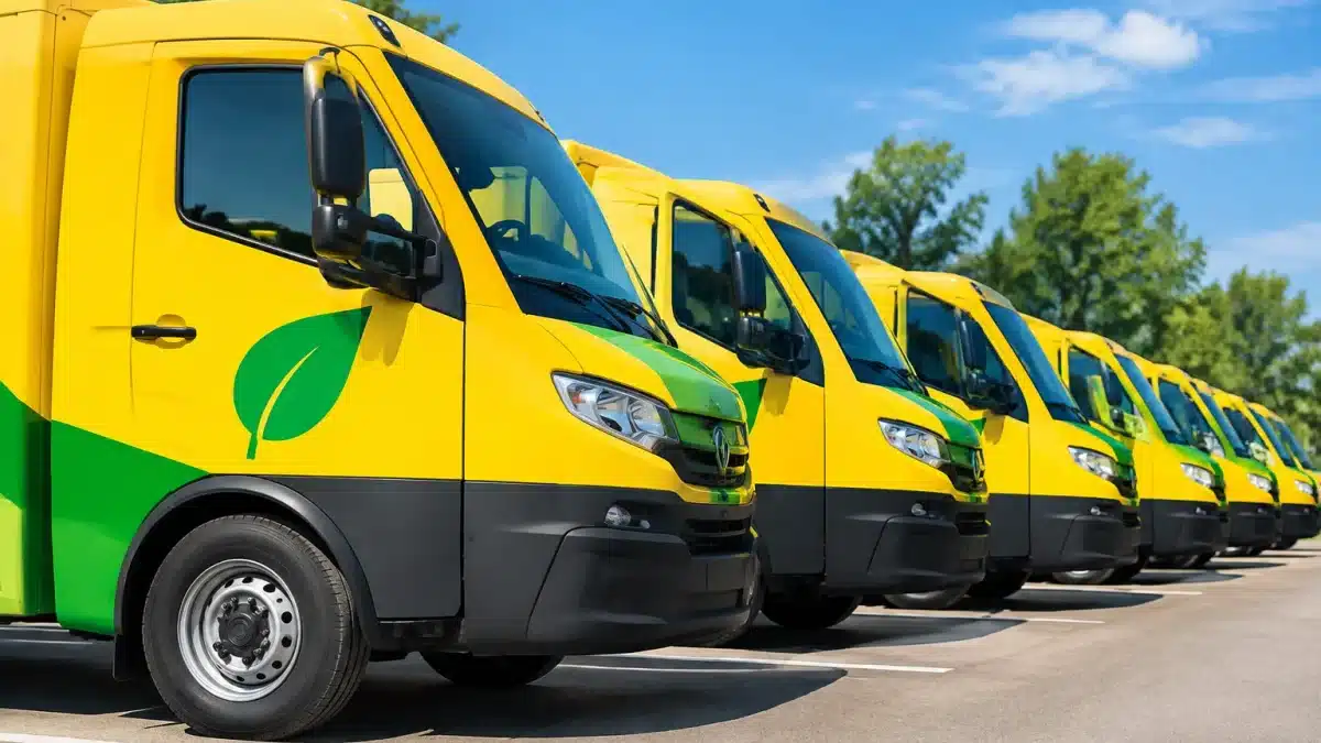 Camions postaux alignes montrant panneaux emissions reduites vertes