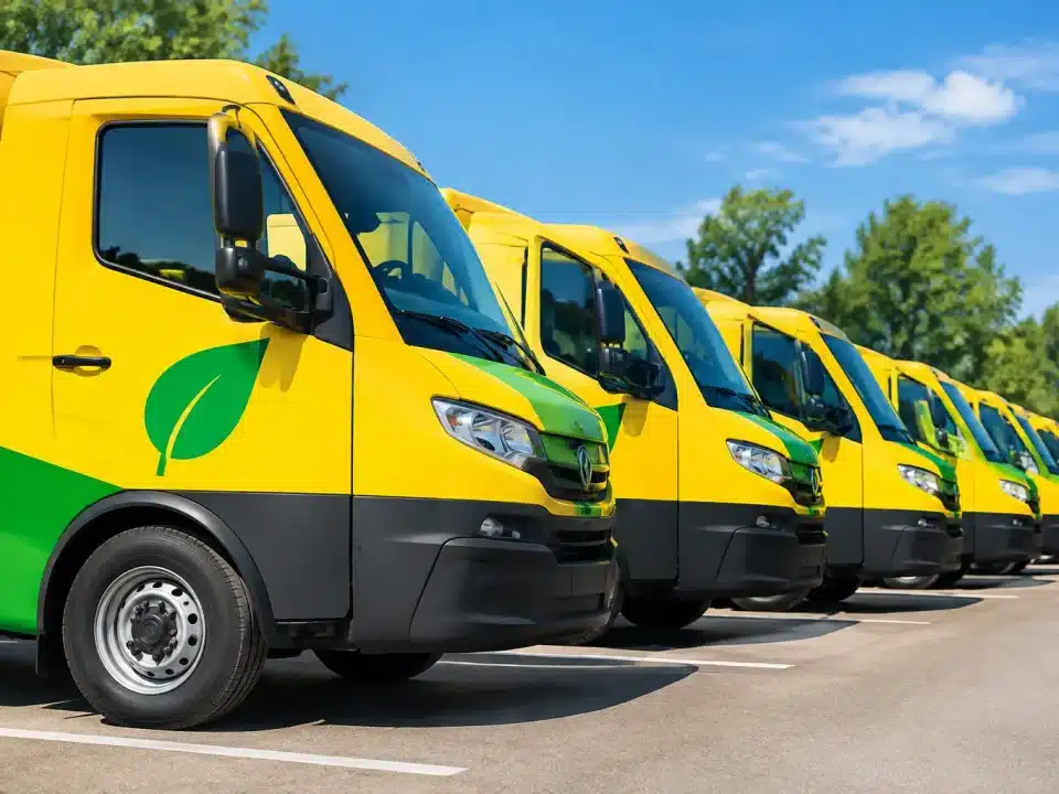 Camions postaux alignes montrant panneaux emissions reduites vertes