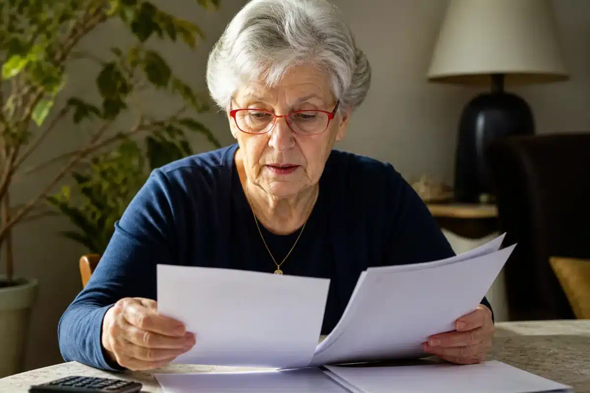 Personne âgée consultant documents administratifs à table
