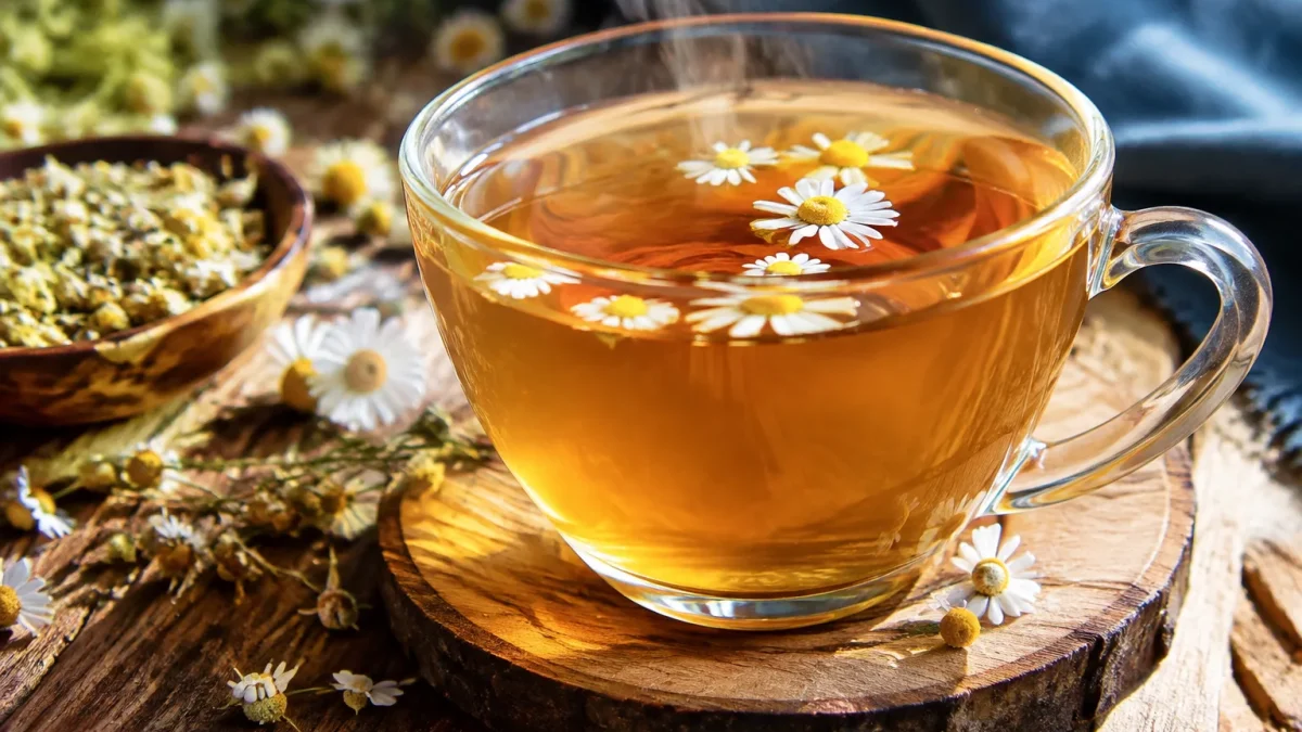 Tasse remplie d'infusion ambree fumante avec petales de camomille