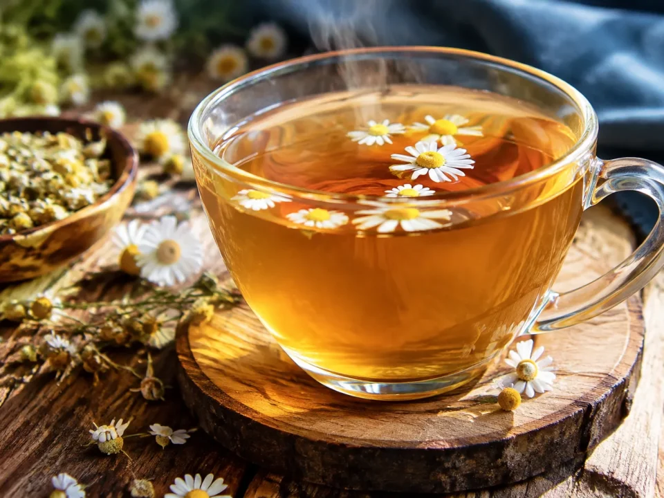 Tasse remplie d'infusion ambree fumante avec petales de camomille