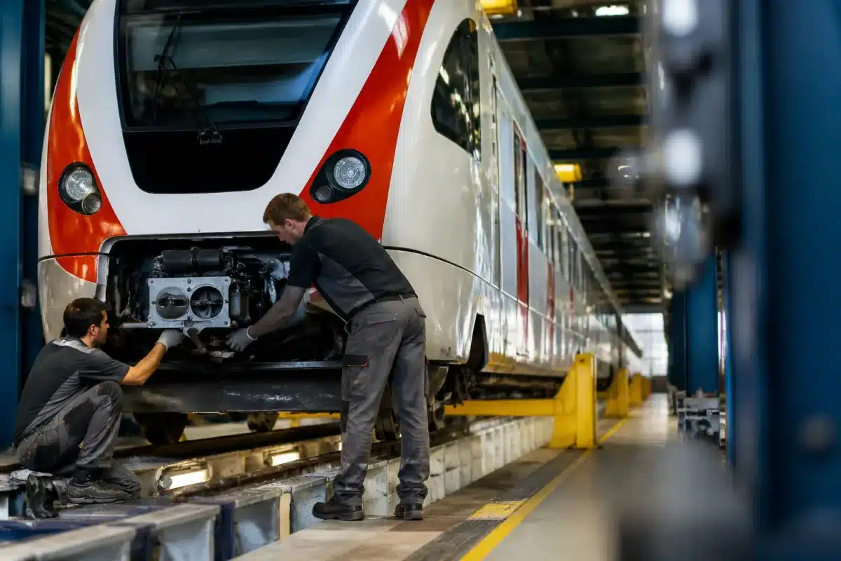 Techniciens inspectant train moderne atelier maintenance ferroviaire