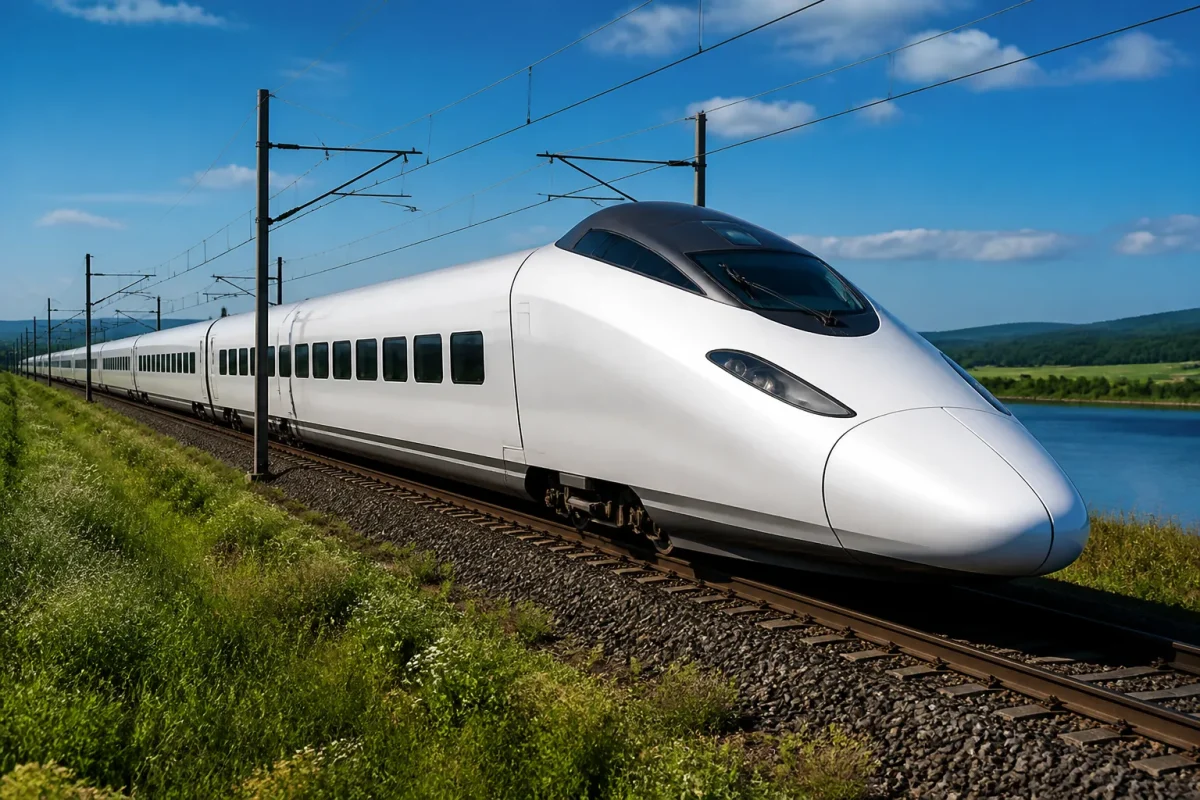 TGV blanc au nez pointu aerodynamique sur rails