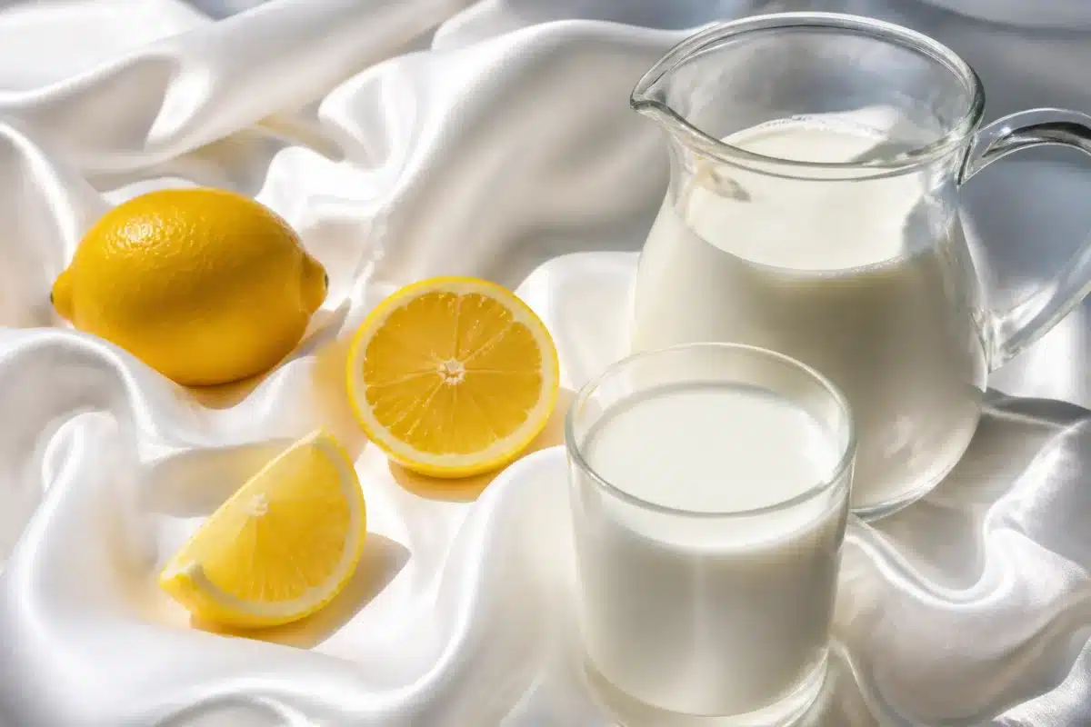 Tissu blanc brillant avec citron et lait frais