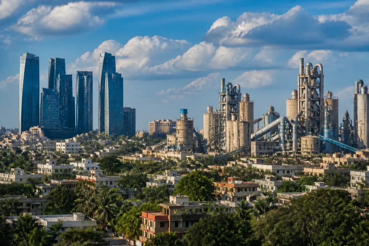 Tours bancaires modernes et usines ciment dominent horizon urbain