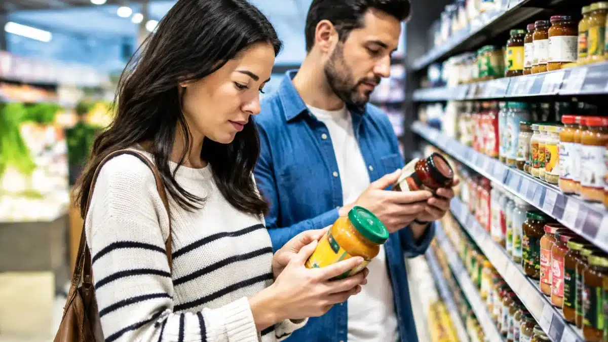 Clients examinant étiquettes de produits alimentaires en rayon de supermarché