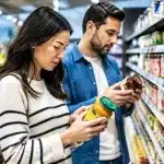 Clients examinant étiquettes de produits alimentaires en rayon de supermarché