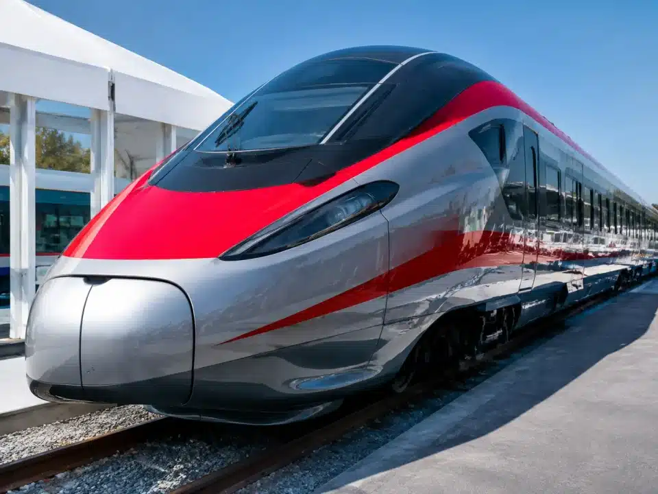 Nouveau train italien Alstom expose stationnaire sur rail exposition