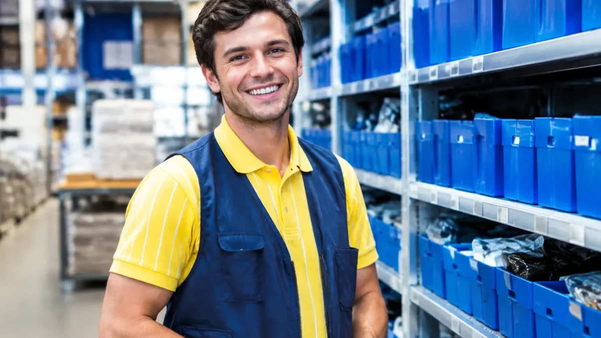 Travailleur IKEA souriant debout pres des rayons bleus
