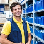Travailleur IKEA souriant debout pres des rayons bleus