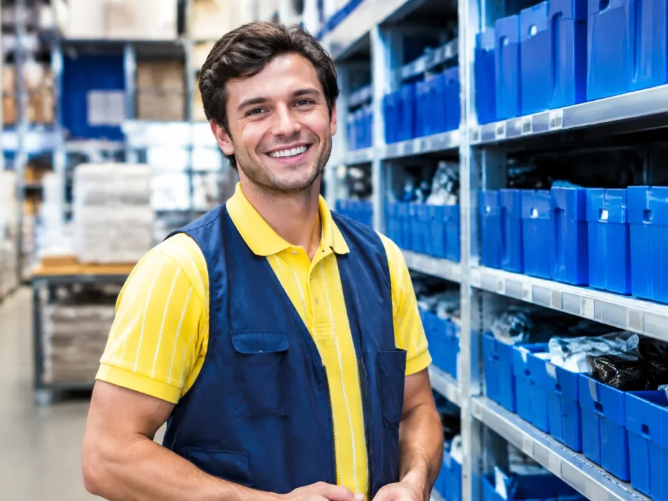 Travailleur IKEA souriant debout pres des rayons bleus
