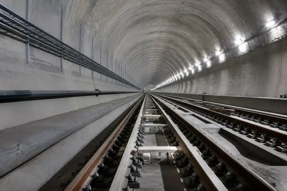 Tunnel ferroviaire souterrain avec rails de construction visibles