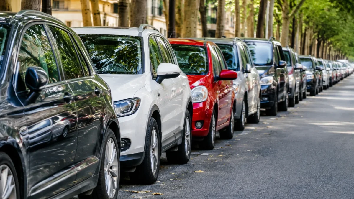 vehicules immobiles alignes densement sur chaussee