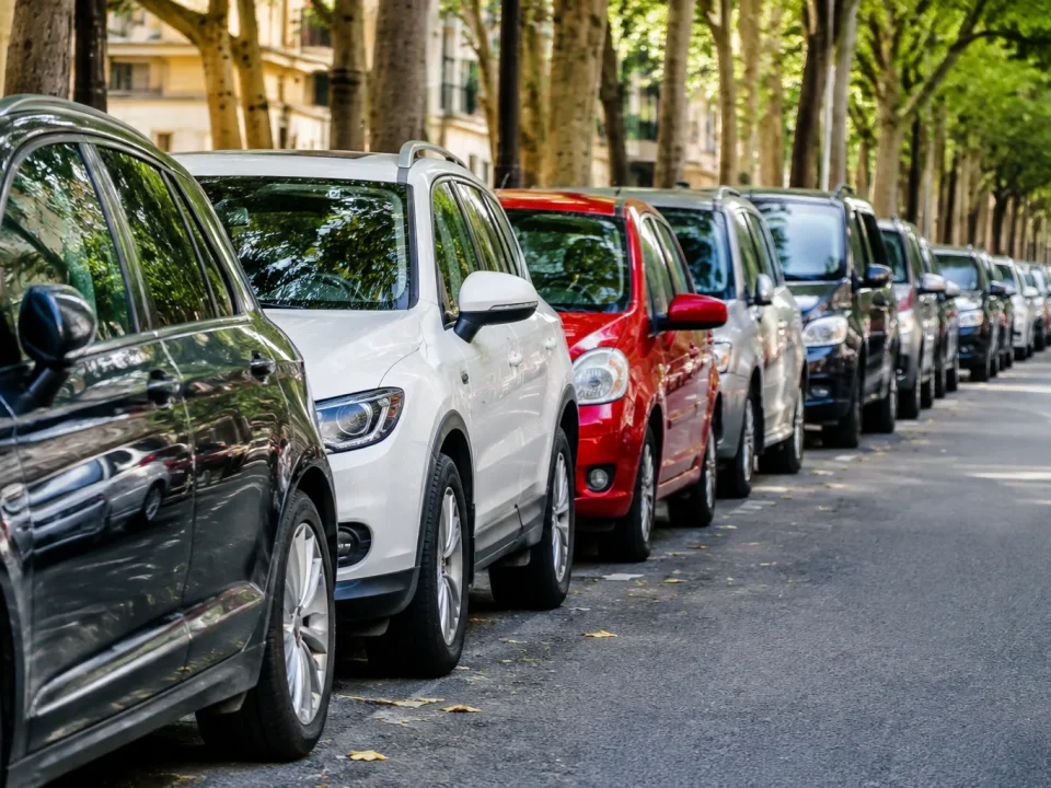 vehicules immobiles alignes densement sur chaussee