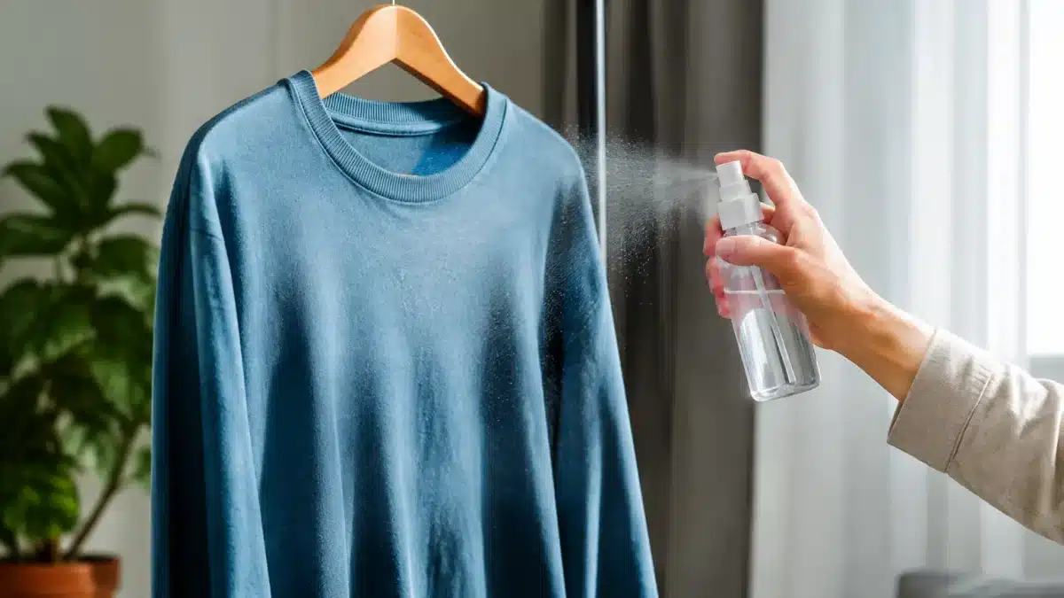 Vetement suspendu recevant pulverisation de liquide transparent d'un flacon