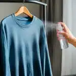 Vetement suspendu recevant pulverisation de liquide transparent d'un flacon