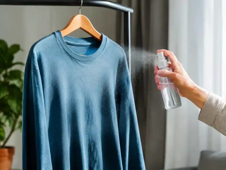 Vetement suspendu recevant pulverisation de liquide transparent d'un flacon