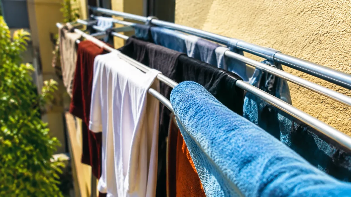 Vetements trempes suspendus sur barres d une structure etroite