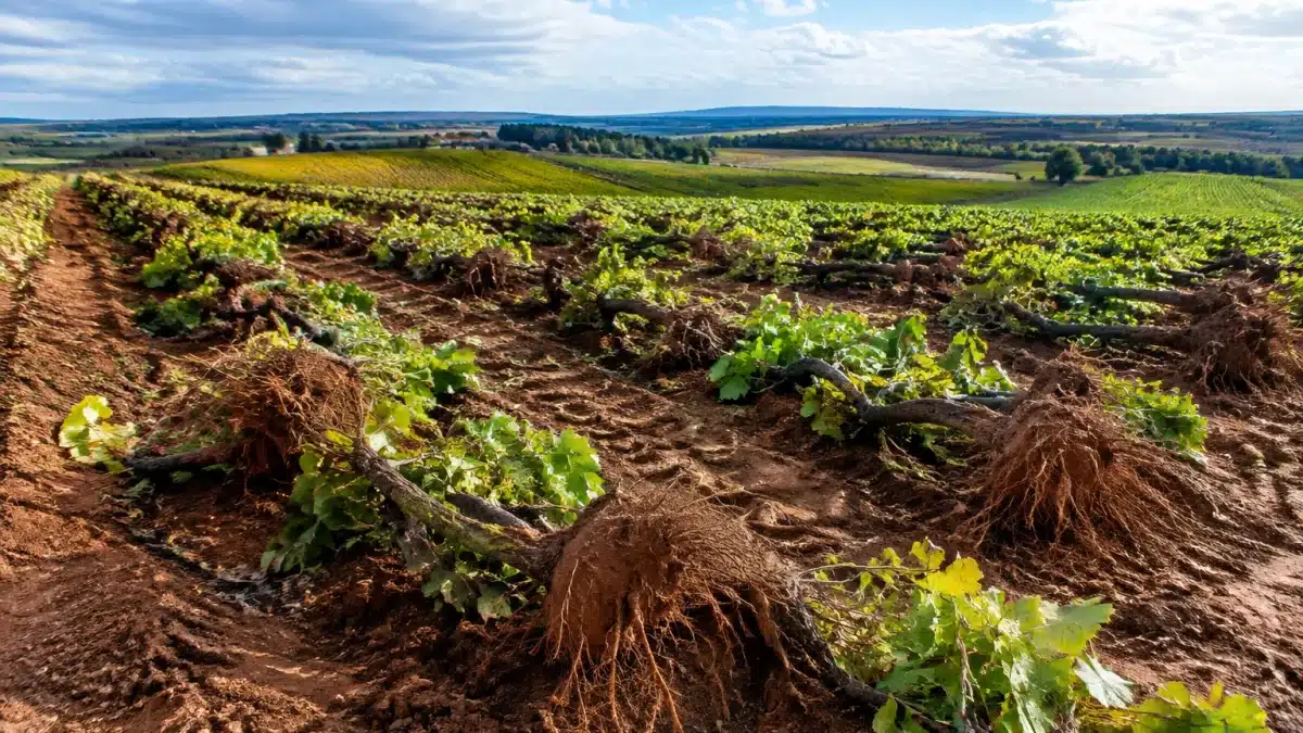 Rangées de vignes arrachées gisant au sol dans vignoble vaste
