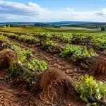 Rangées de vignes arrachées gisant au sol dans vignoble vaste