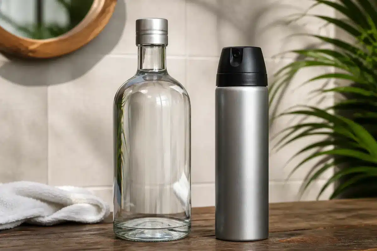 Bouteille de vodka claire aupres de spray deodorant commercial