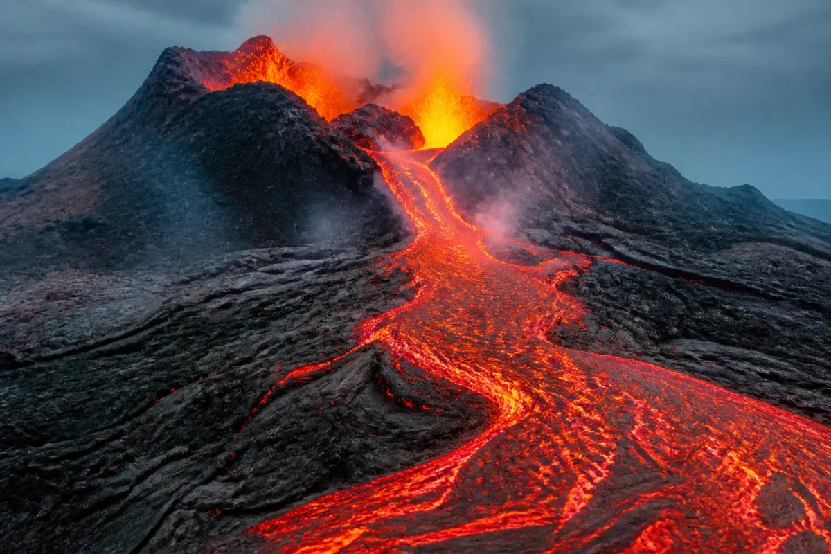 Volcan fumant rejetant lave rouge brillante