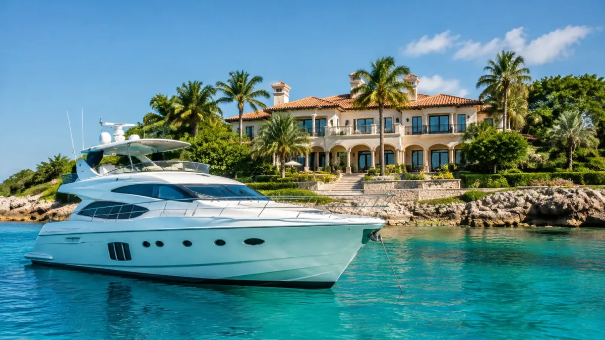 yacht blanc ancre eau turquoise baie devant mansion