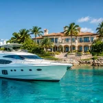yacht blanc ancre eau turquoise baie devant mansion