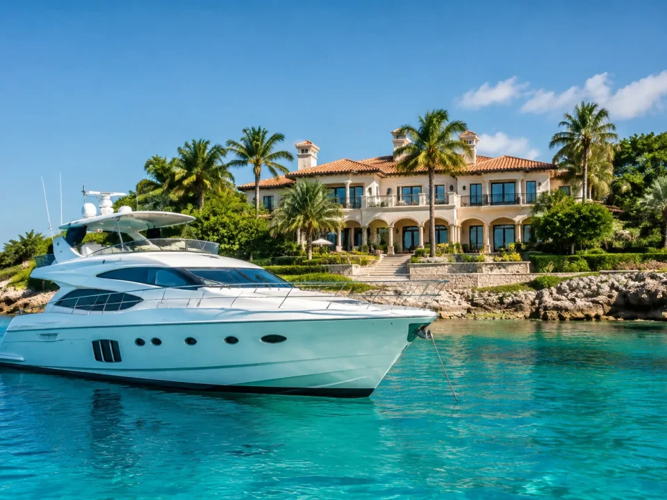 yacht blanc ancre eau turquoise baie devant mansion
