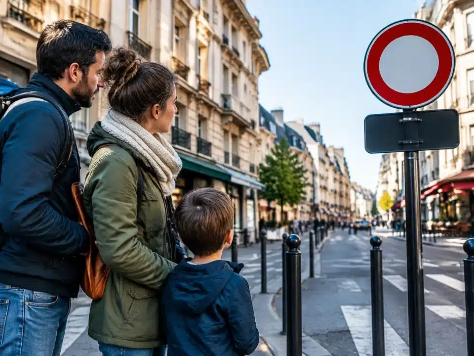 Famille modeste regardant panneau restriction accès centre-ville urbain