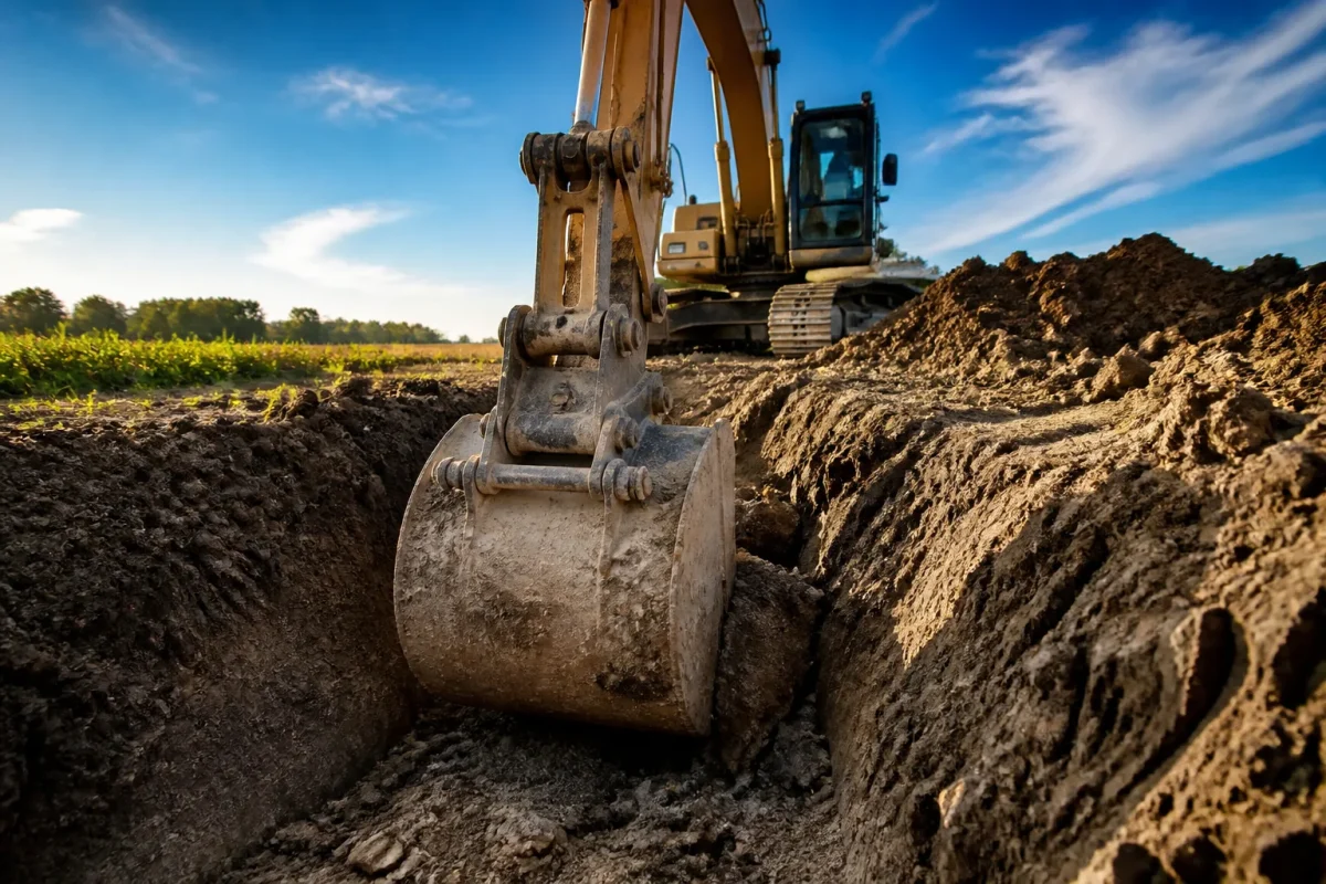 Engins de chantier creusant ancien terrain agricole