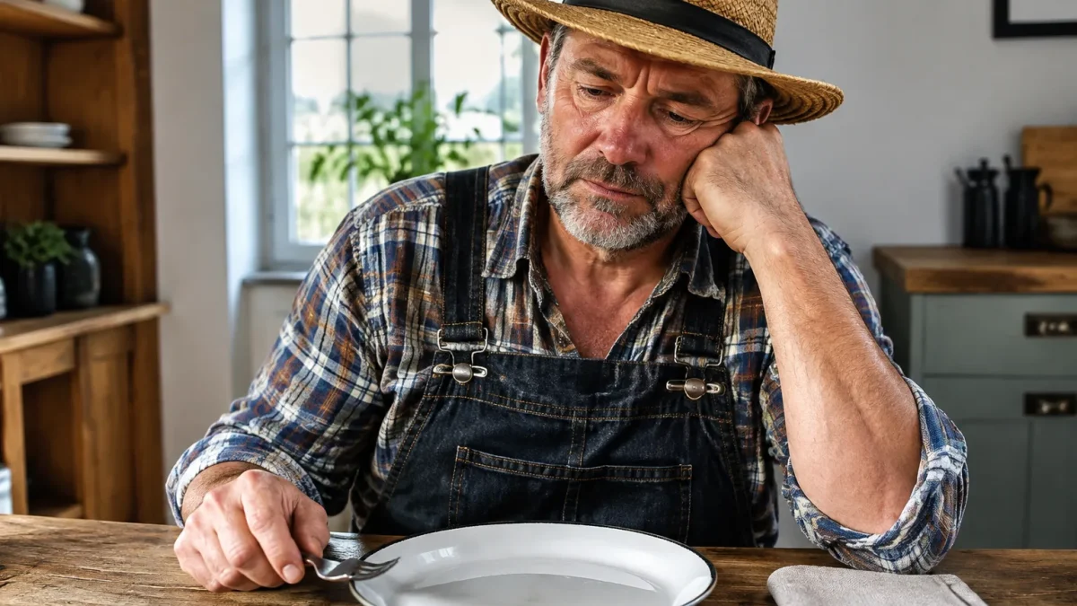 Fermier age assis a table devant plat vide